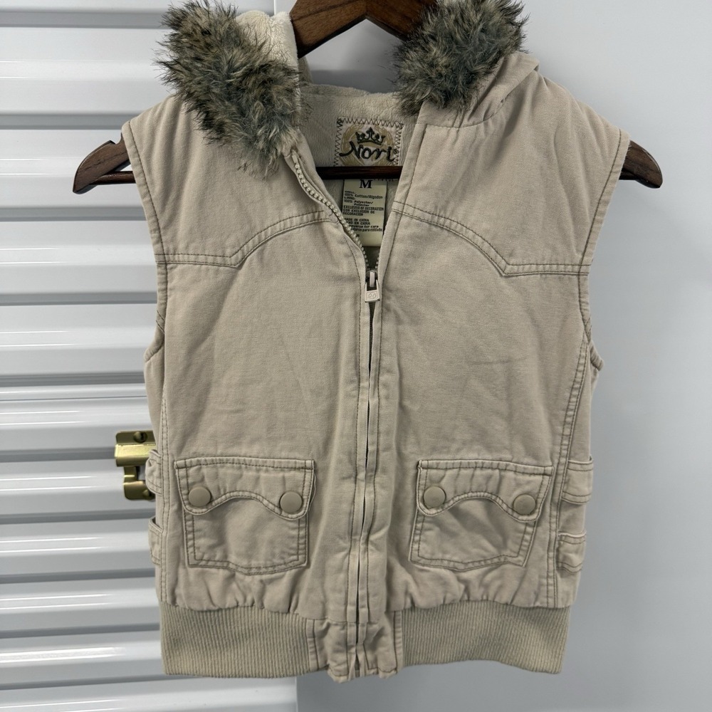 Nori Girls Youth M Faux Fur Hood Sherpa Lined Utility Vest Beige Y2K
